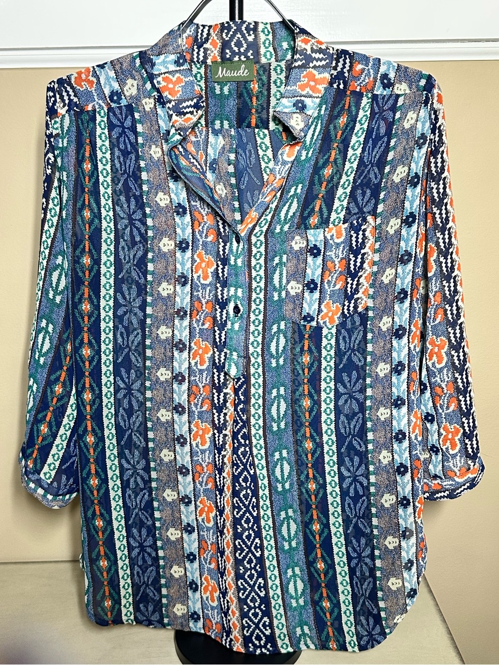 Maude Boho Geometric Print Button Front Blouse Long Sleeve